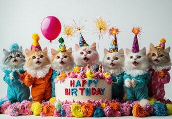 Naklejka premium Adorable Feline Party Celebration with Colorful Birthday Cake, Balloons, and Festive Decorations in a Fun, Whimsical Atmosphere