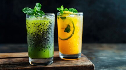 Fototapeta premium Refreshing Drinks on a Wooden Platter: A vibrant and eye-catching composition of two invigorating beverages, artfully garnished with fresh mint and citrus.