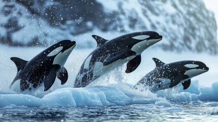 Obraz premium Three Orcas Leap from Icy Water in Arctic