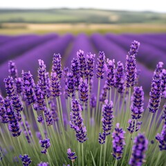 Obraz premium A vibrant field of blooming lavender, showcasing delicate purple flowers swaying gently in the breeze under a clear sky.