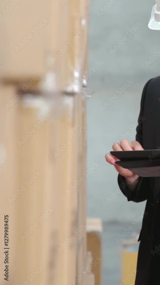 Poster factory manager using tablet computer in warehouse or factory . industry and supply chain management