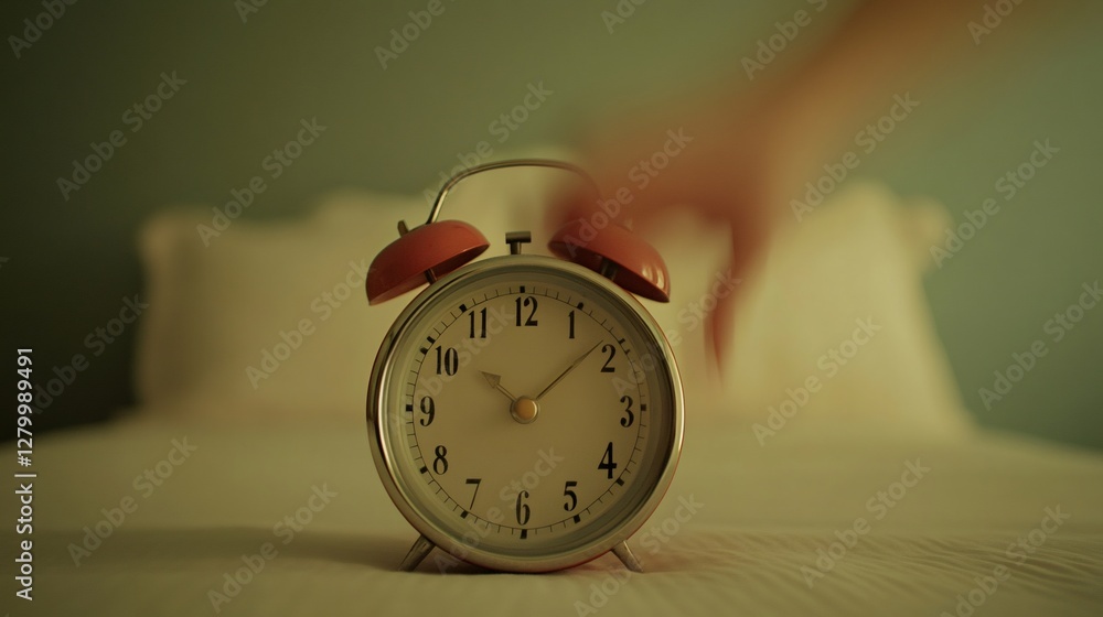 Poster Hand reaching for an alarm clock on a bed symbolizes the chaos of multitasking and time management. The image conveys stress and urgency related to work deadlines and daily responsibilities
