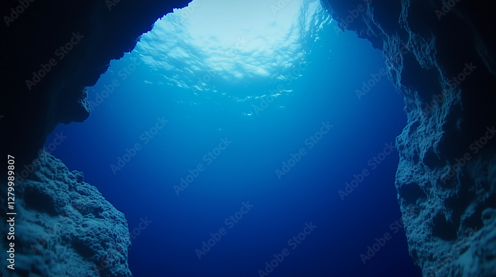 Poster underwater cave vista: dive into the mesmerizing depths, peering through an underwater cave, capturi