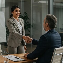 Businesswoman shaking hands with client and smiling cheerfully in meeting room