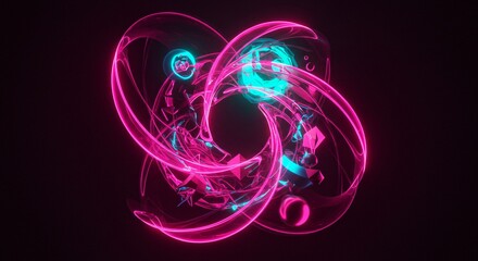 Futuristic neon abstract art with glowing pink and cyan light streaks, fluid shapes, and geometric elements on a dark background.
