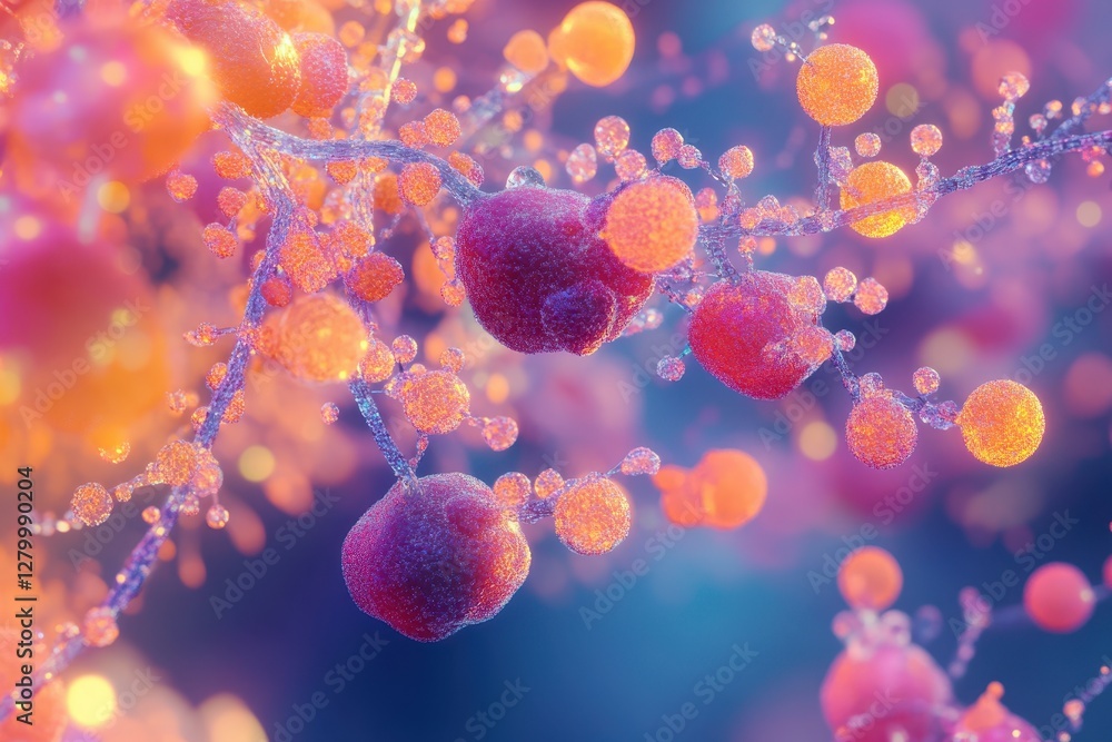 Poster abstract image of vibrant, glowing spheres clustered on branching structures. ideal for science, tec