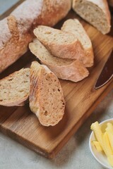 fresh baguettes on the table baking bakery products. bread and rolls in the bakery.
