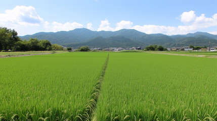 Fototapeta premium Vast Rice Field Landscape: A vibrant rice field stretches toward distant mountains under a clear blue sky.