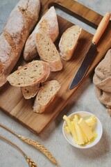 fresh baguettes on the table baking bakery products. bread and rolls in the bakery.
