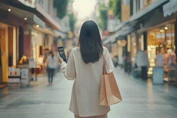 Back view of a young Asian woman traveler walking down a lively street, engaging in some shopping