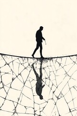 Silhouette walks precarious path, cracked ground, reflection