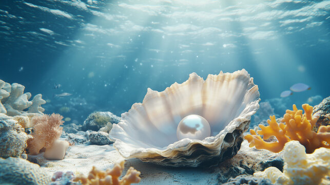 Underwater Pearl: A lustrous pearl rests inside an open oyster shell on the ocean floor, illuminated by sunbeams that pierce through the water's surface.