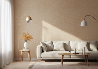 Modern Minimalist Living Room with Beige Sofa and Warm Lighting