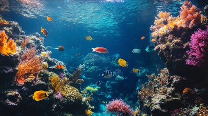 Naklejka premium Vibrant Coral Reef with Colorful Fish Underwater
