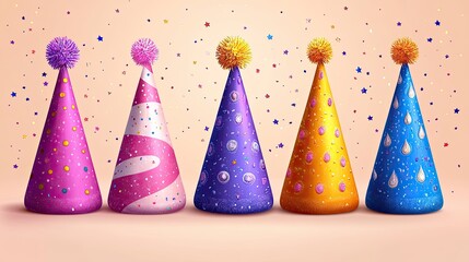Colorful party hats confetti background celebration