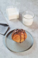 Cromboloni is modified croissant. Round puff pastry filled with cream, and glazed with white, milk chocolate or matcha. Crunchy and soft in the same time.
