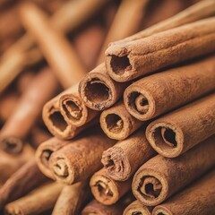 Close-up of aromatic cinnamon sticks in a pile showing textured surfaces and rich color