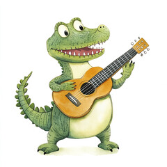 Naklejka premium A Playful Crocodile Strumming a Ukulele in a Minimalist Style Isolated on a Clean Background Perfect for Fun and Quirky Illustrations or Creative Projects