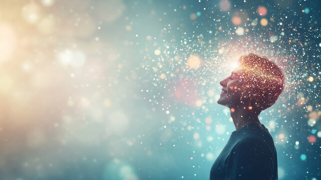 Mindful Journey: The image captures a side profile of a person gazing upward with their eyes closed, their silhouette set against a dreamy backdrop of glittering particles.