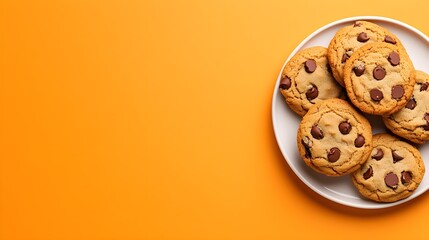 Obraz premium Freshly Baked Chocolate Chip Cookies on a Bright Orange Plate
