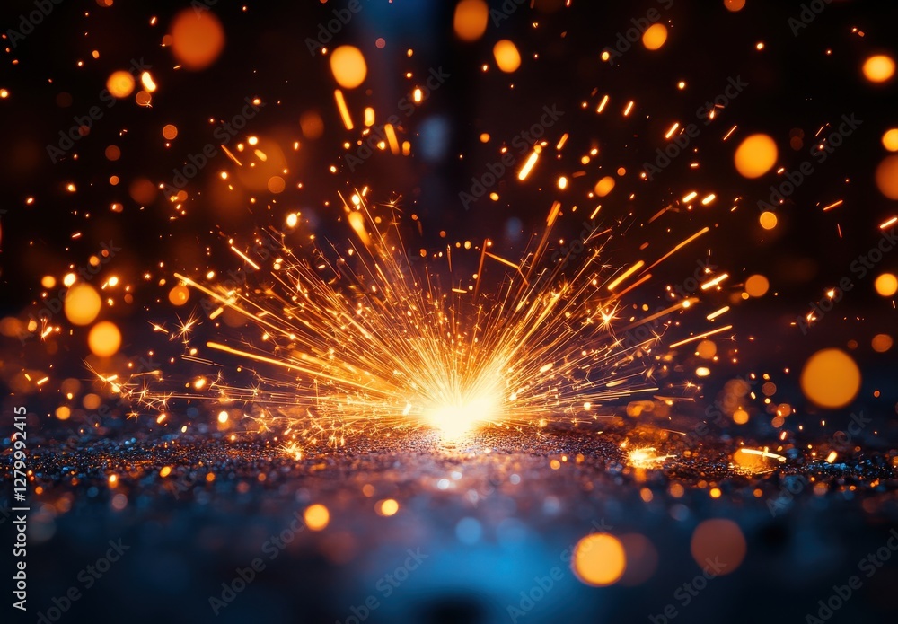 Poster brilliant sparks emanating from ground with glowing light and bokeh effect, creating a stunning visu