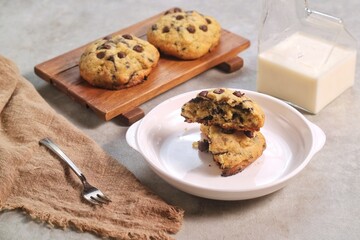 Soft Chocochip Cookies on white plate, served with milk.
