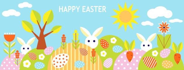 Fototapeta premium Set of Easter cards. Abstract geometric background. Eggs, spring flowers and decorations. For poster, postcard, scrapbooking, stickers. Vector.
