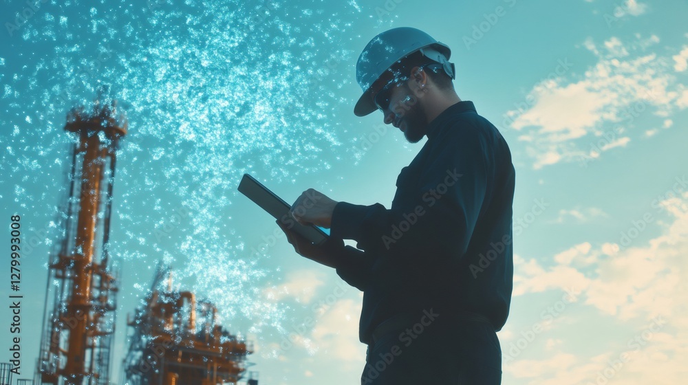 Aufkleber Engineer wearing a safety helmet is utilizing a tablet for managing oil production at a refinery plant, leveraging data visualization for improved efficiency and monitoring