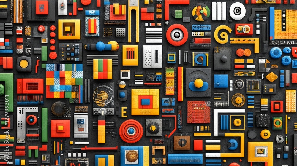 Poster complex arrangement of geometric shapes an artistic mosaic of vibrant blocks and graphic elements a 