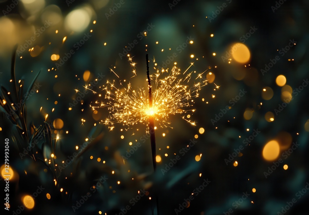 Poster captivating sparkler creating bright sparkling lights against a soft focus background of green and g