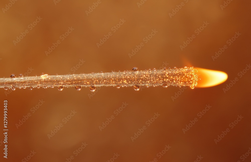 Aufkleber close-up of glowing matchstick with sparkling drops reflecting light against a warm brown background