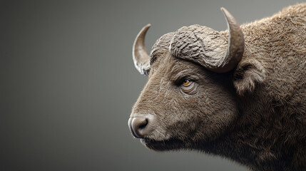 Buffalo's Majestic Profile: A powerful buffalo, its massive horns and textured coat displayed against a neutral backdrop.