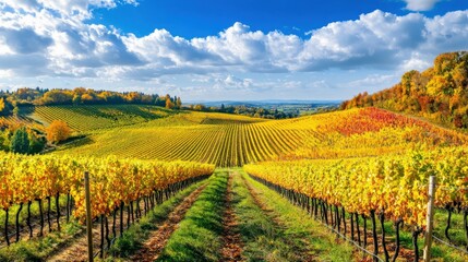 Fototapeta premium Scenic vineyard landscape in autumn with colorful foliage and a clear blue sky