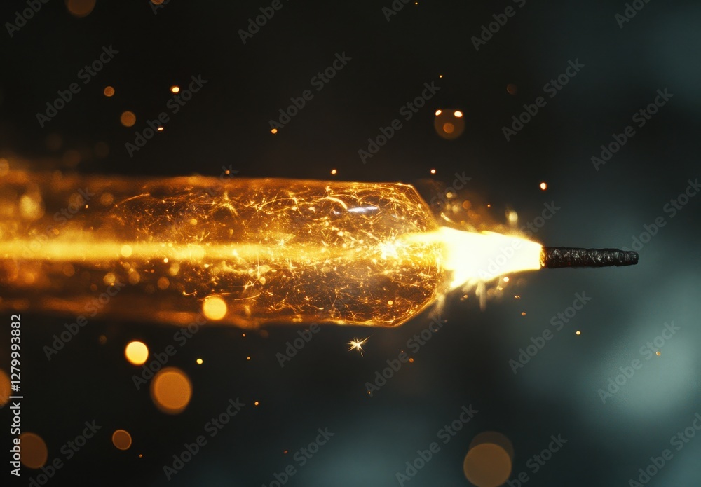 Poster close-up view of sparkling firework sparkler creating bright flashes in dark environments, capturing
