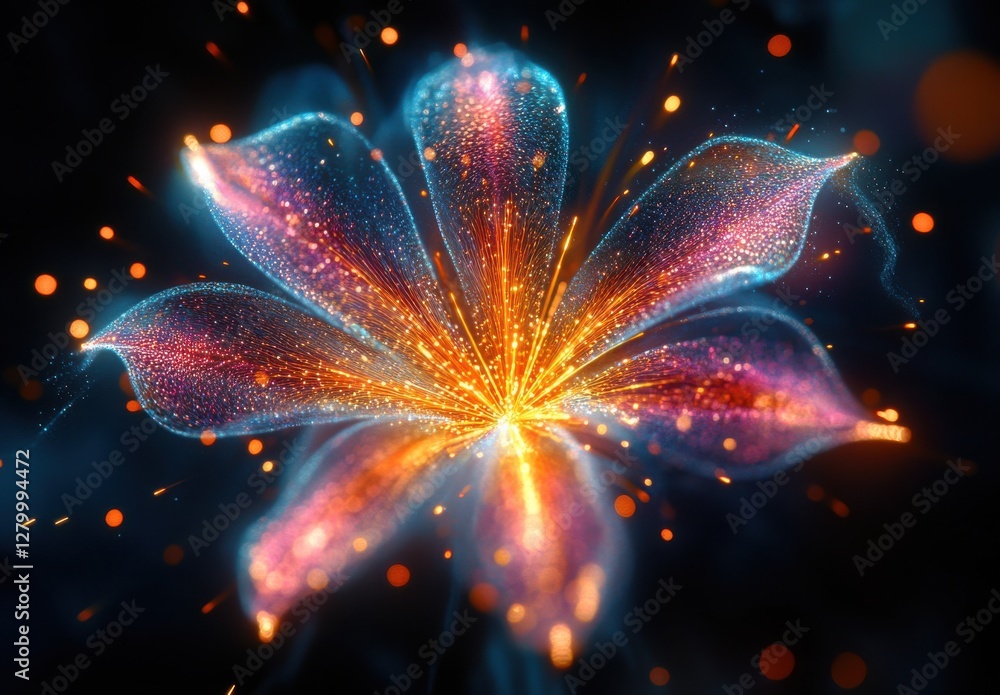 Poster colorful abstract flower with luminous petals and glowing particles on dark background creating a st