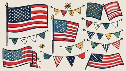 Vector Set of USA Flag Icons in Various Shapes &ndash; Heart, Circle, State, and Waving American Flags