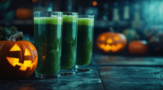 Spooky Green Elixir: Three tall glasses of vibrant green drink, illuminated by the warm glow of carved pumpkins, creating a festive, eerie ambiance for the Halloween celebration. 