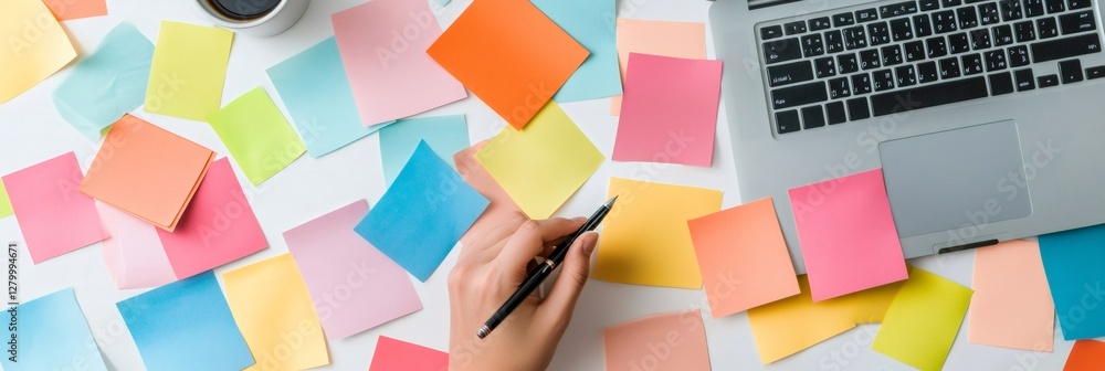 Poster businesswoman is using colorful sticky notes on a white table with a laptop and a cup of coffee, man