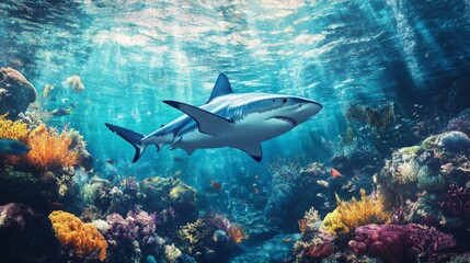 Shark Swimming Through Vibrant Coral Reef Underwater