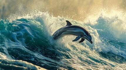 Naklejka premium Dolphin Leaping from Ocean Wave at Sunset