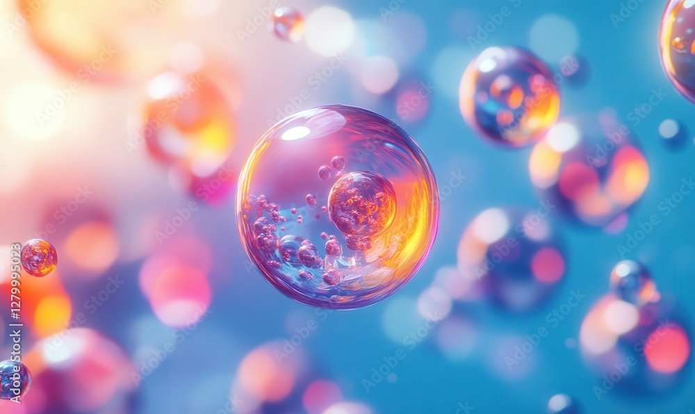 Aufkleber colorful and shimmering soap bubbles floating in the air with a soft focus background, ideal for abs