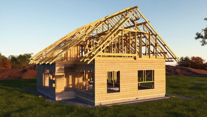 Wooden house under construction in a field, sunrise, 3D model