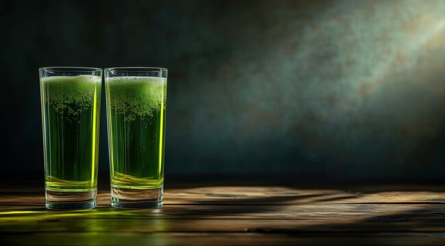 Refreshing Green Drink: Two glasses filled with a vibrant green beverage stand on a rustic wooden surface, creating a compelling composition in a dimly lit setting.