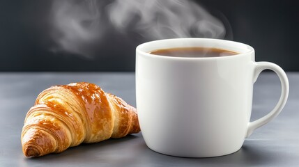 Steaming Coffee in White Mug with Golden Croissant on Gray Surface Still Life