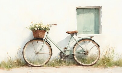 Fototapeta premium Vintage Green Bicycle with Daisies near a Whitewashed Wall