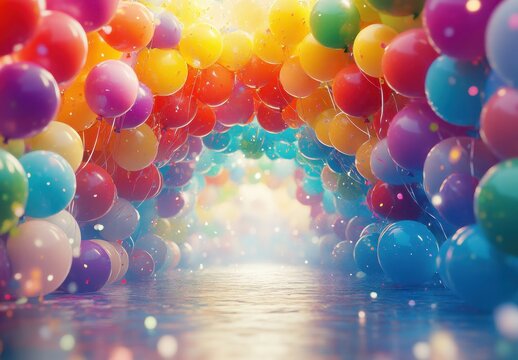 Colorful Balloon Archway with Soft Lighting Creating a Dreamy Atmosphere for Celebrations and Events, Perfect for Festive Occasions and Parties