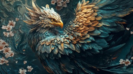 Obraz premium Majestic Mythical Blue Gold Eagle with Cherry Blossoms