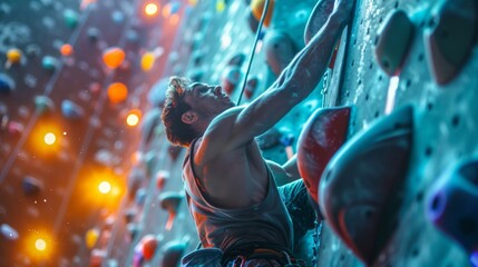 A climber skillfully ascends an indoor rock wall, showcasing agility and focus. Bright lights create a dynamic ambiance, highlighting the challenging workout environment.