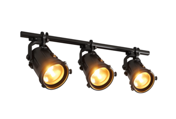 Three Industrial Style Ceiling Mounted Spotlights Illuminated in Warm Light.