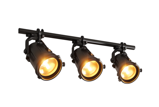 Three Industrial Style Ceiling Mounted Spotlights Illuminated in Warm Light.